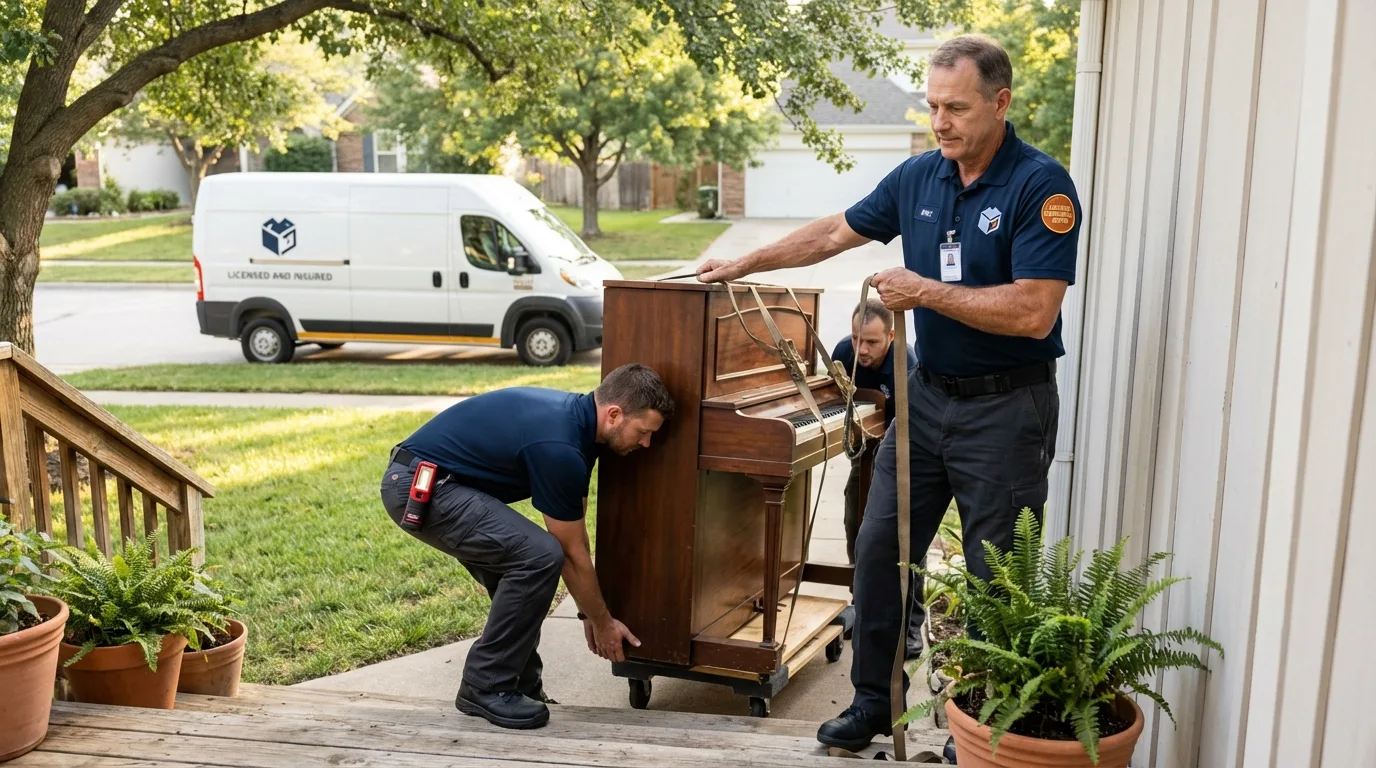 Licensed piano movers securing grand piano in Oglala, SD