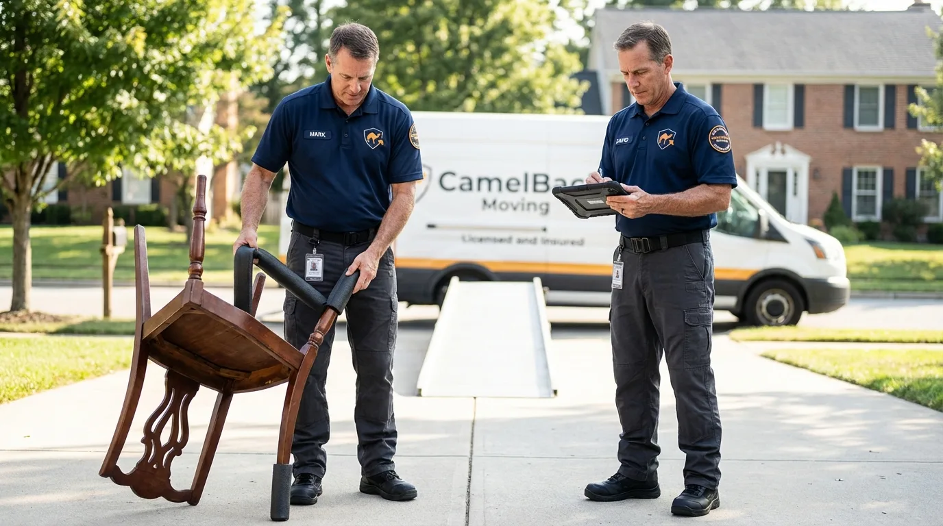 Movers inspecting furniture for damage prevention before loading in Oglala, SD