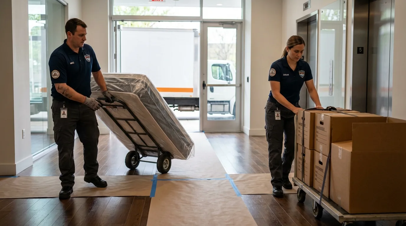 Professional apartment movers loading elevator in Oglala, SD